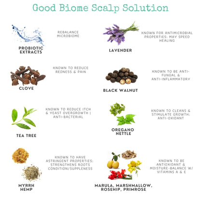 An infographic titled &quot;Good Biome Scalp Relief &amp; Face Renew Core Bundle | Bioactive Skincare&quot; by Bea&