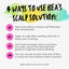 Infographic titled "4 Ways to Use Bea's Bayou Good Biome Scalp Relief Solution and Facial Renew Essence Set" with a light gray background. It lists four methods: 1) Spot treat itchy flakes without rinsing. 2) Apply on scalp after washing with probiotic bioactives. 3) Let it soak or blow dry overnight. 4) Use on neck, ears, face. Website link at bottom.
