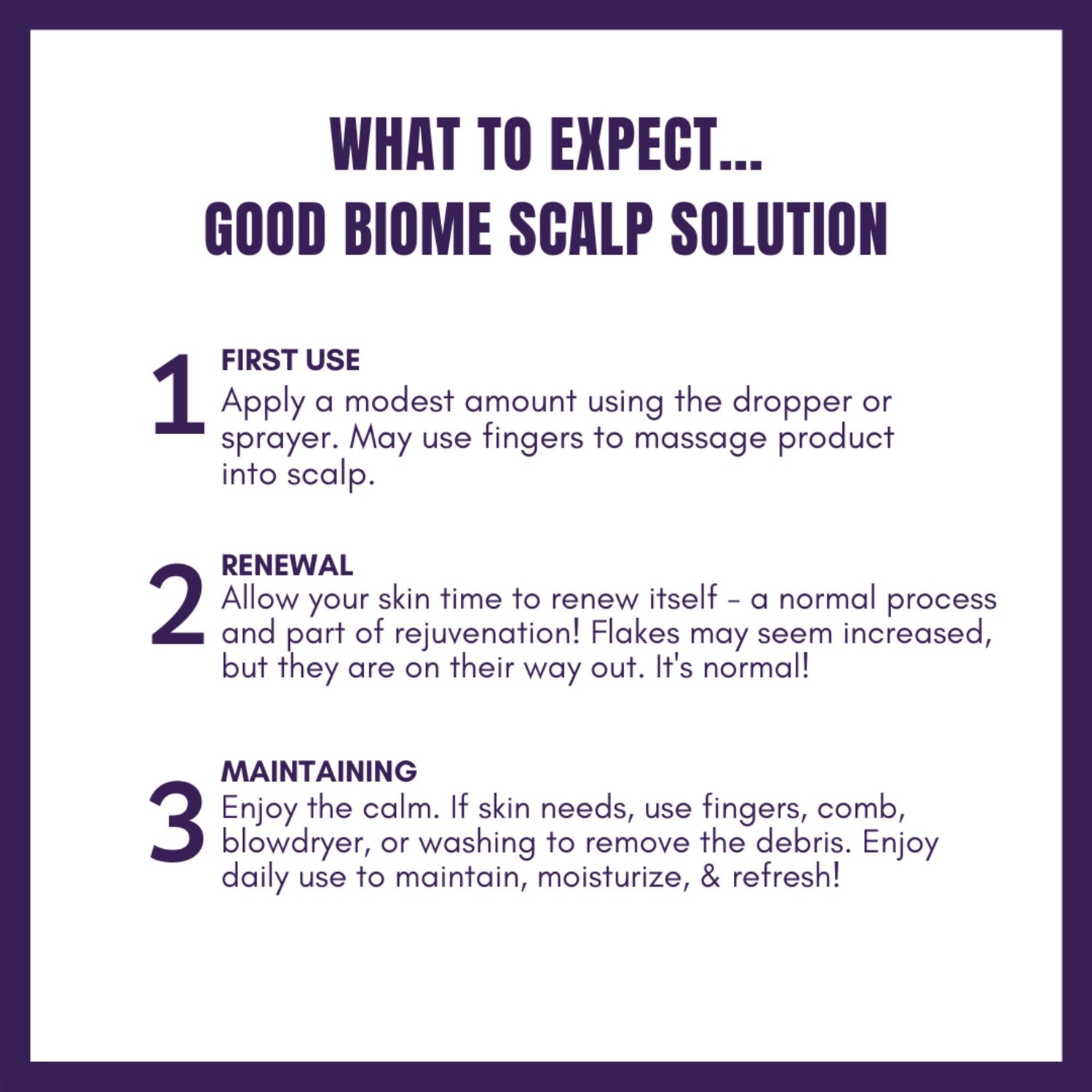 An informational graphic titled &quot;What to Expect... Good Biome Scalp Relief Solution Double Set | Liquid Herbal Leave-in&quot; outlines three steps: 1. Apply and massage the scalp-renewing product into the scalp. 2. Skin renewal process with flaking as a sign. 3. Maintain and refresh with fingers, comb, or washing. Enjoy daily use enhanced by probiotic extracts from Bea&