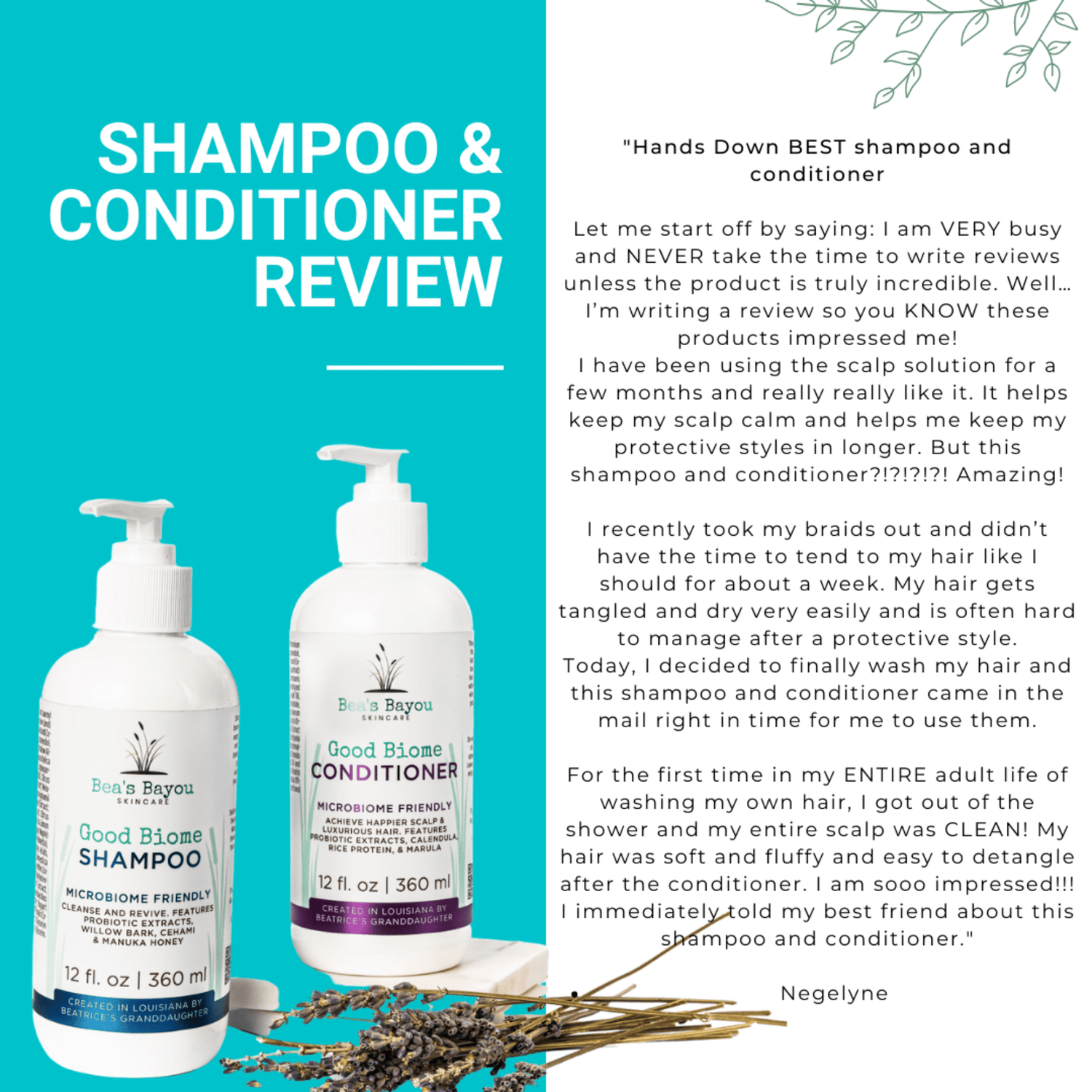 Image of a shampoo and conditioner review featuring two white bottles with blue labels of &quot;Original Scalp Relief Clarifying Shampoo&quot; and &quot;Prebiotic Herbal Shampoo&quot; by the brand &quot;Bea&