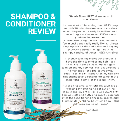 Image of a shampoo and conditioner review featuring two white bottles with blue labels of &quot;Original Scalp Relief Clarifying Shampoo&quot; and &quot;Prebiotic Herbal Shampoo&quot; by the brand &quot;Bea&