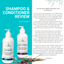 Image of a shampoo and conditioner review featuring two white bottles with blue labels of "Original Scalp Relief Clarifying Shampoo" and "Prebiotic Herbal Shampoo" by the brand "Bea's Bayou." The review text praises the follicle-stimulating peppermint products for their effectiveness and suitability for various hair types.